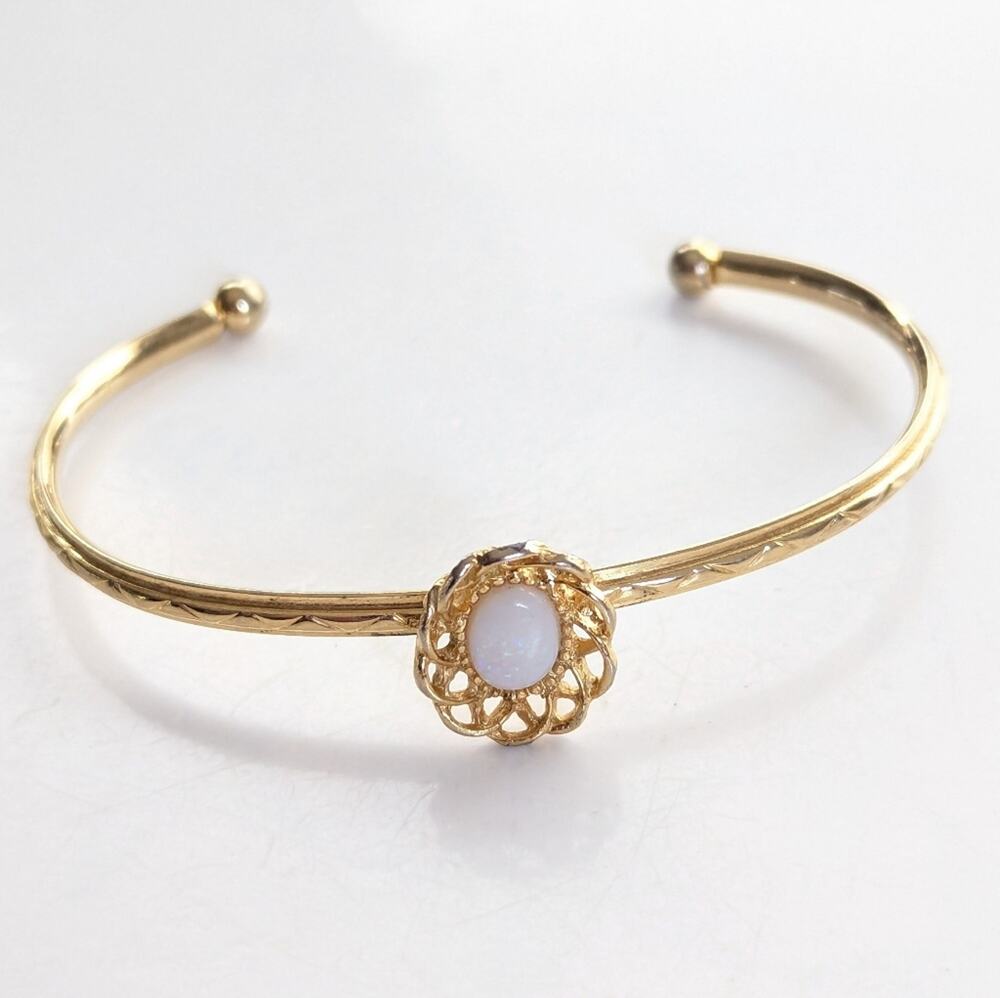 Vintage Victorian Style Gold Tone Filigree Faux Opal Cabochon Cuff Bracelet